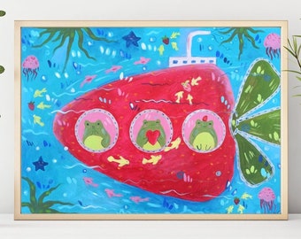 Strawberry and Frogs Original Handmade Acrylic painting | Blue, Red Wall Art