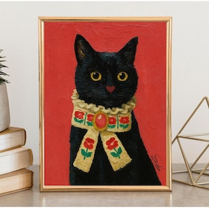 Cat Wall Art Print Black Cat Painting for Living Room Wall Hanging Black and Red Artwork Cute Cat Trendy Wall Print Vintage Painting Poster
