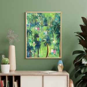 People In Tropical garden Green, Yellow Wall Art Digital Download image 4