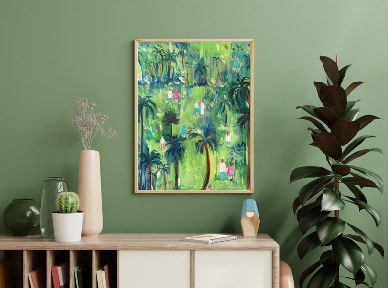 People In Tropical garden Green, Yellow Wall Art Digital Download image 4