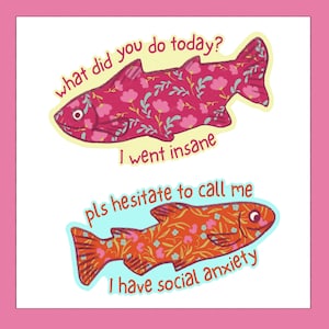 Pacote com 4 citações engraçadas e sarcásticas de peixes PNG, citações de animais, pacote com 4 adesivos PNG, adesivos de sarcasmo, impressões de clipart de citações kawaii fofas e peculiares