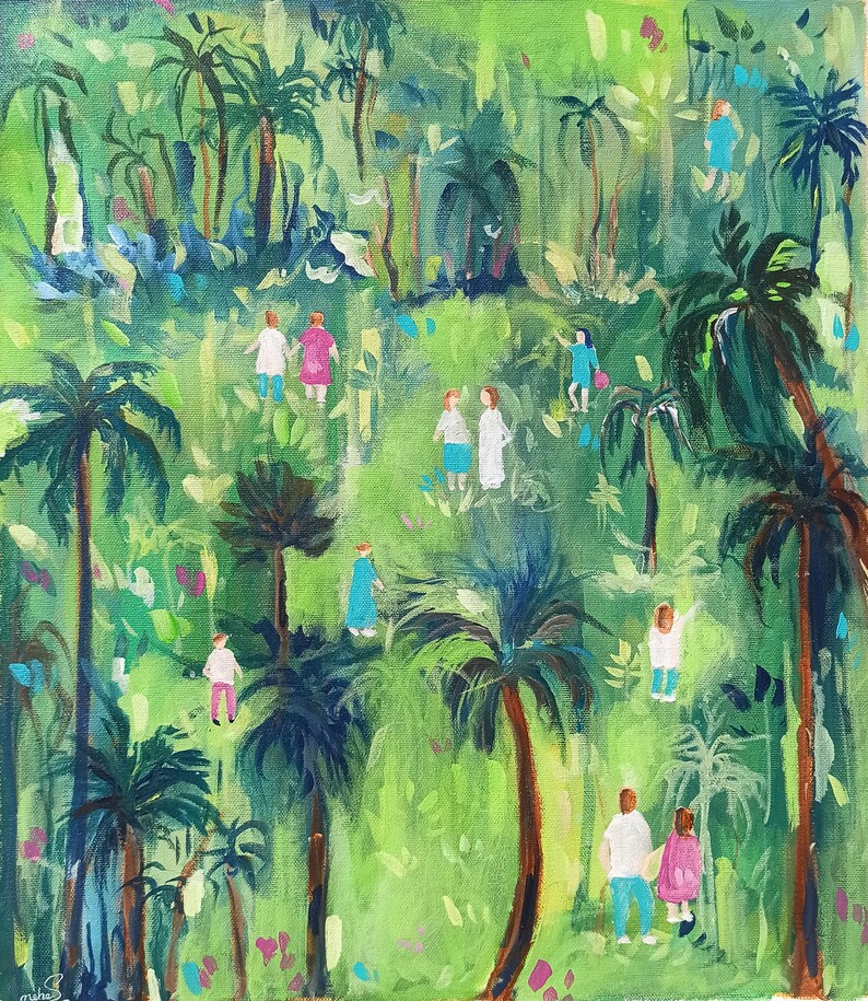 People In Tropical garden Green, Yellow Wall Art Digital Download image 2