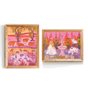 2 Pink Original Paintings | Surreal Handmade Acrylic Painting Wall Art | Pink Nursery Room Wall Decor | Cute Animal Wall Art on Canvas