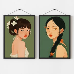 Juego de 2 impresiones artísticas de pared para mujer, póster digital de mujeres japonesas, póster de mujeres asiáticas, impresión para sala de estar, impresión artística femenina japonesa, decoración verde