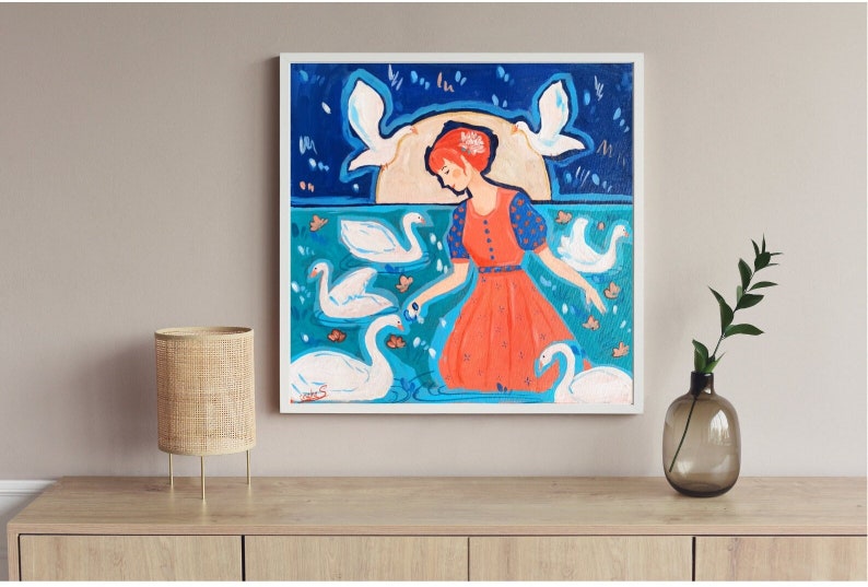 Girl and Swans Original handmade Acrylic painting On Canvas I Cottagecore Wall Art l Blue, Red Artwork image 1