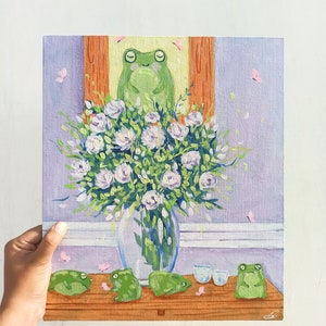 Frogs And Flower Vase Original Handmade Acrylic Painting On Canvas Surreal Art Purple Green Home Decor image 6