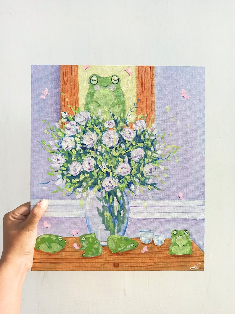 Frogs And Flower Vase Original Handmade Acrylic Painting On Canvas Surreal Art Purple Green Home Decor image 6