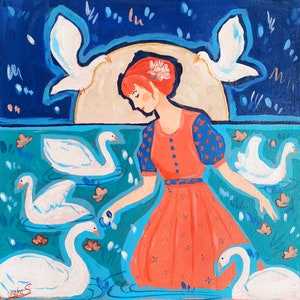 Girl and Swans Original handmade Acrylic painting On Canvas I Cottagecore Wall Art l Blue, Red Artwork image 2