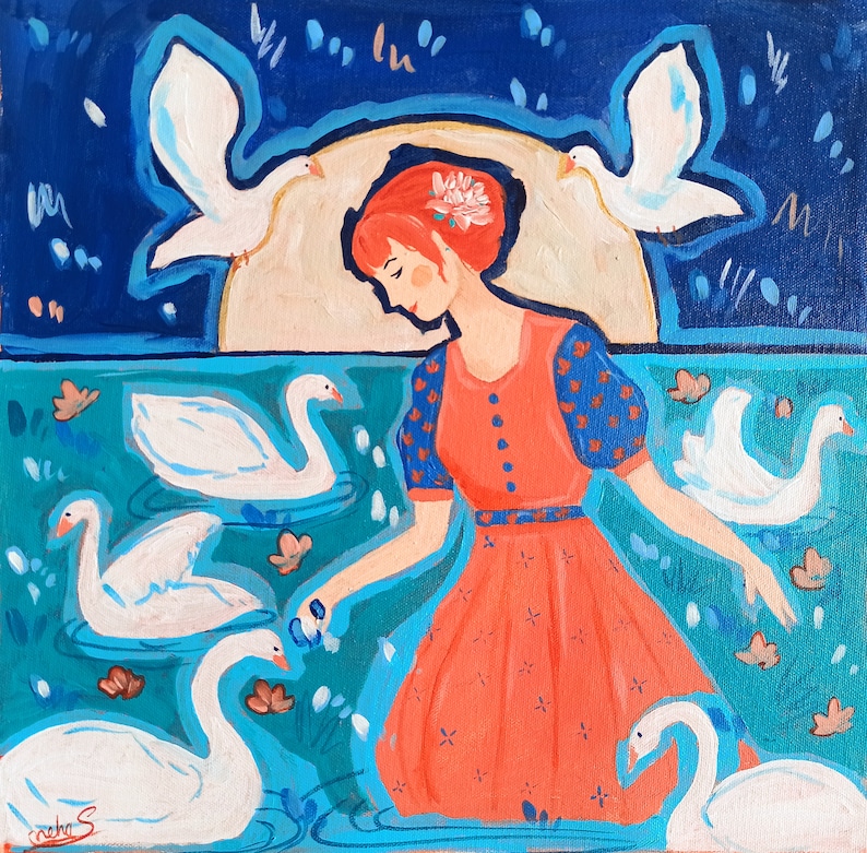 Girl and Swans Original handmade Acrylic painting On Canvas I Cottagecore Wall Art l Blue, Red Artwork image 2