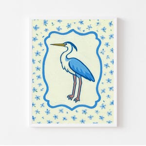 Nursery Wall Art Print, Crane Girl Nursery Decor, Neutral Floral Print, Coquette Bird Blue Painting, Vintage Girl Room, Cute Artwork