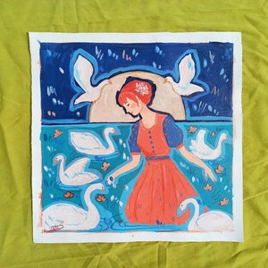 Girl and Swans Original handmade Acrylic painting On Canvas I Cottagecore Wall Art l Blue, Red Artwork image 4