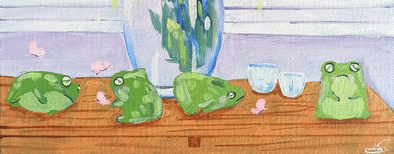 Frogs And Flower Vase Original Handmade Acrylic Painting On Canvas Surreal Art Purple Green Home Decor image 3