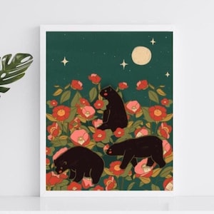 Impression Alabama | Camellia japonica, art mural dessiné à la main ours noir, oeuvre d'art de destination de voyage, oeuvre d'art numérique tendance imprimable