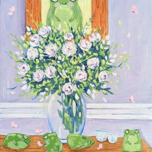 Frogs And Flower Vase Original Handmade Acrylic Painting On Canvas Surreal Art Purple Green Home Decor image 2