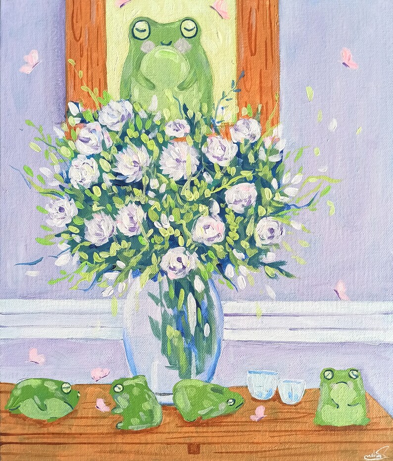 Frogs And Flower Vase Original Handmade Acrylic Painting On Canvas Surreal Art Purple Green Home Decor image 2