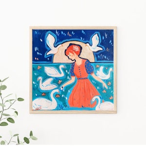 Girl and Swans Original handmade Acrylic painting On Canvas I Cottagecore Wall Art l Blue, Red Artwork image 3