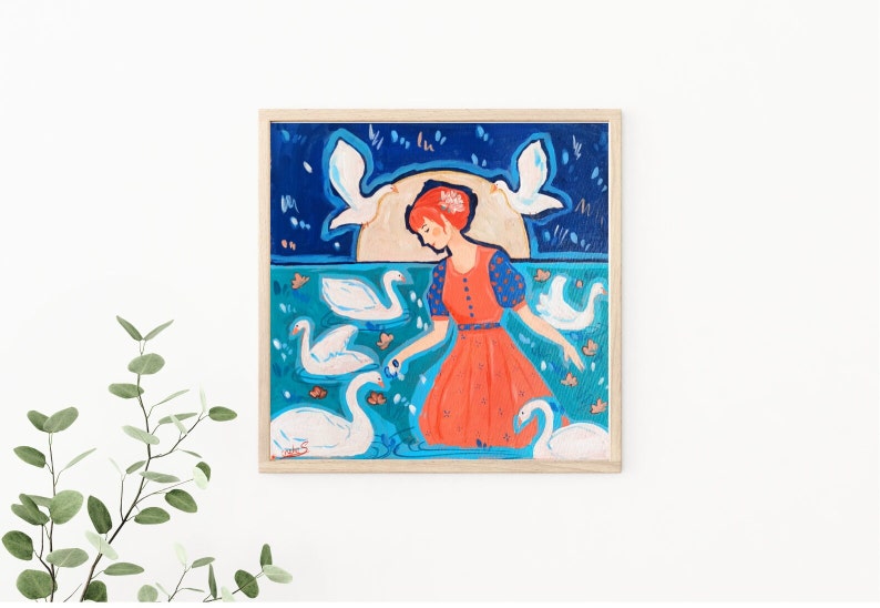 Girl and Swans Original handmade Acrylic painting On Canvas I Cottagecore Wall Art l Blue, Red Artwork image 3