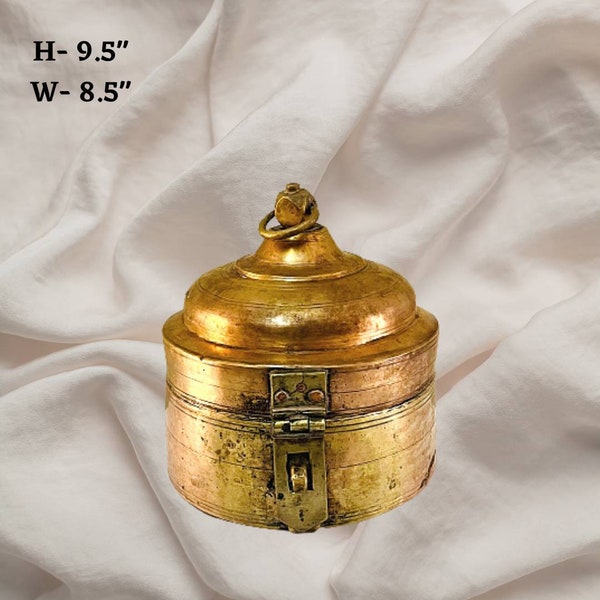 Old Brass Chapati Box with upper handle to hold and a unique shape to look attractive in kitchen