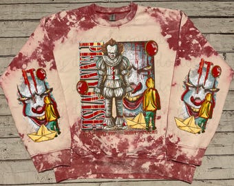 Creepy Clown Sweatshirt | Retro Horror Sweatshirt | Bleached Style | Horror Throwback Sweatshirt | We All Float Down Here | Halloween