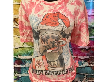 Moody Before Coffee, Cute, Cow, Christmas Bleached style T-shirt