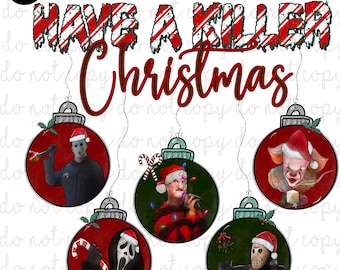 Puede incluir: Gráfico navideño con cinco adornos que representan personajes de películas de terror con gorros de Papá Noel. El texto "Have a Killer Christmas" está arriba. Los personajes incluyen a Michael Myers, Freddy Krueger y Jason Voorhees.