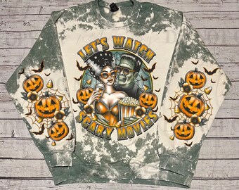 Let’s Watch Scary Movies Sweatshirt | Bleached Style | Scary Movies Retro Vintage Sweatshirt | Horror Sweatshirt