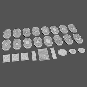 May include: A set of 20 grey plastic tokens with various geometric designs. The tokens are arranged in rows and include a few rectangular pieces with text.