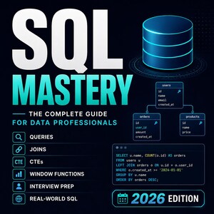 May include: A dark blue graphic with the title "SQL MASTERY" in large white letters. The image includes database diagrams, code snippets, and a list of topics such as Queries, Joins, and Interview Prep. The text "2026 EDITION" is also visible.