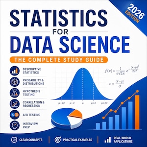 May include: A textbook cover titled "STATISTICS FOR DATA SCIENCE" with the "2026 EDITION" label. The cover features a blue bell curve, pie chart, bar graph, and mathematical formulas. The book is a complete study guide with clear concepts and practical examples.