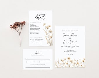 Wildflower Wedding Invitation Suite, Wedding Invitation Template Set, Editable, Details, RSVP Card, Templett, Printable #GRACE