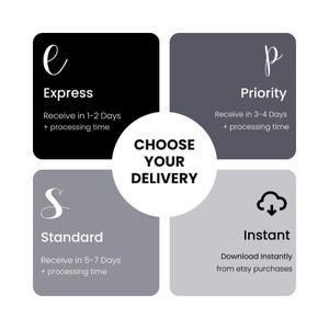 Puede incluir: Gr&aacute;fico con opciones de entrega: Express, Prioritario, Est&aacute;ndar e Instant&aacute;neo. Cada opci&oacute;n est&aacute; en un cuadrado de diferente color con texto que describe el tiempo de entrega. El c&iacute;rculo central dice "ELIGE TU ENTREGA".