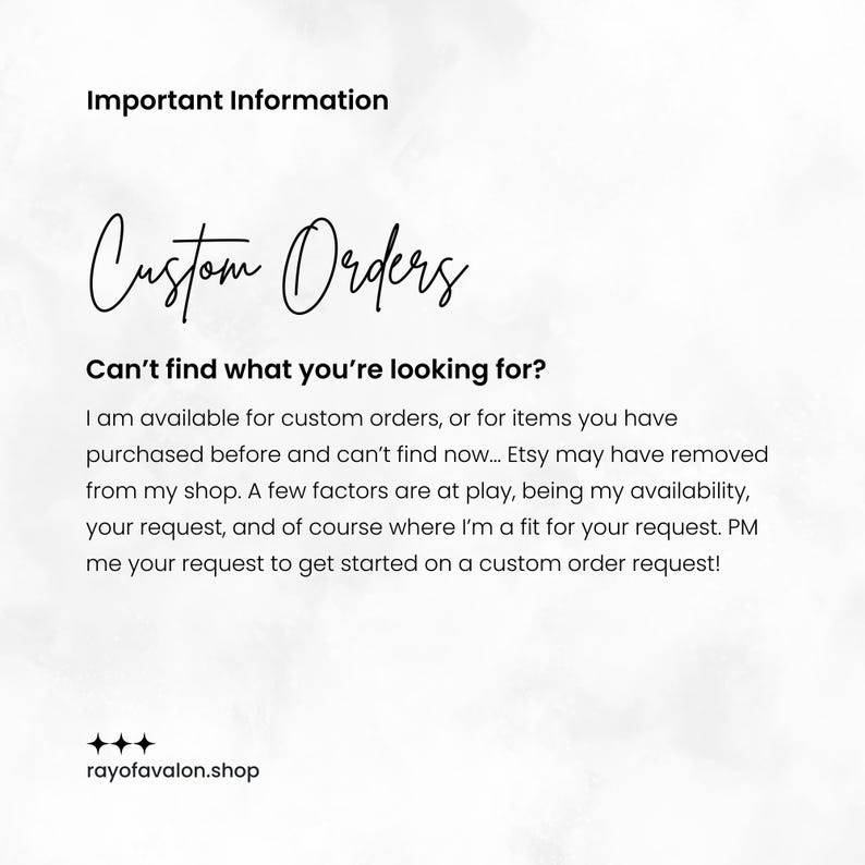 Puede incluir: Un fondo blanco con texto negro. El texto dice "Informaci&oacute;n importante" y "Pedidos personalizados". El texto explica c&oacute;mo solicitar pedidos personalizados. Tambi&eacute;n se muestra el sitio web de la tienda, rayofavalon.shop.