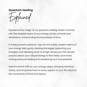 Puede incluir: Fondo blanco con texto que dice "Quantum Healing Explained". El texto describe sesiones de curaci&oacute;n cu&aacute;ntica, centr&aacute;ndose en la limpieza de energ&iacute;a, el equilibrio y el despertar del potencial. El texto est&aacute; en una fuente simple y elegante.