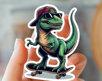 Dinosaur Skateboarder Sticker-Cool Dino Skater-Wildlife Sticker-Outdoor Sports Art-Skateboarding Life-Fun Gift For Skateboarders-Dino Art