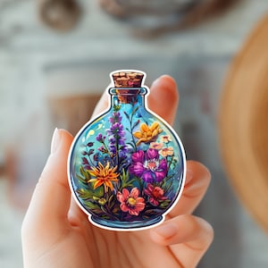 Cottagecore flores poção adesivo-tubo de ensaio de vidro decalque-arte botânica-presente para jardineiro-amante da natureza presente-decalque floral-boho arte-poção arte