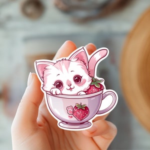 Adesivo Kawaii adorável de gatinho e morango - Adesivo de mãe de gato - Amante de gatos - Adesivo de animal - Adesivo Kindle - Adesivo de animal de estimação - Adesivo de gato engraçado