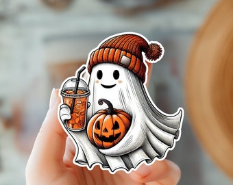Kawaii Ghost Drinking Pumpkin Spice Coffee Sticker-Fall Theme Ghost With Pumpkin Decal-Autumn Decal-Halloween  Decal-Ghost Lover Gift