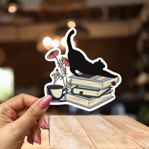 Cat on Book Sticker-Bookish Cat Sticker-Library Sticker-Reader Sticker-Gifts For Cat Mom and Cat Dad-Cat Lover Sticker-Trendy Sticker
