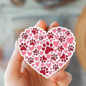 Hondenpoot hart Valentijnsdag sticker, roze schattige hondenliefhebber sticker, hart pootafdruk sticker, Valentijnsdagcadeau, dierenliefhebber, esthetische sticker