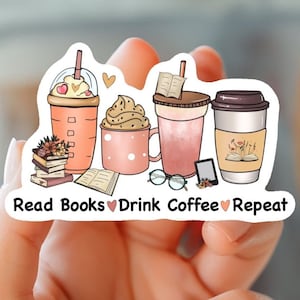 Leer libros, beber café, repetir, pegatinas de libros, regalo para amantes de los libros, pegatinas de café, pegatinas de Kindle, libros apilados, pegatinas de biblioteca, Booktok