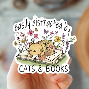 Cat on Book Sticker-Bookish Cat Sticker-Library Sticker-Reader Sticker-Gifts For Cat Mom and Cat Dad-Cat Lover Sticker-Trendy Sticker