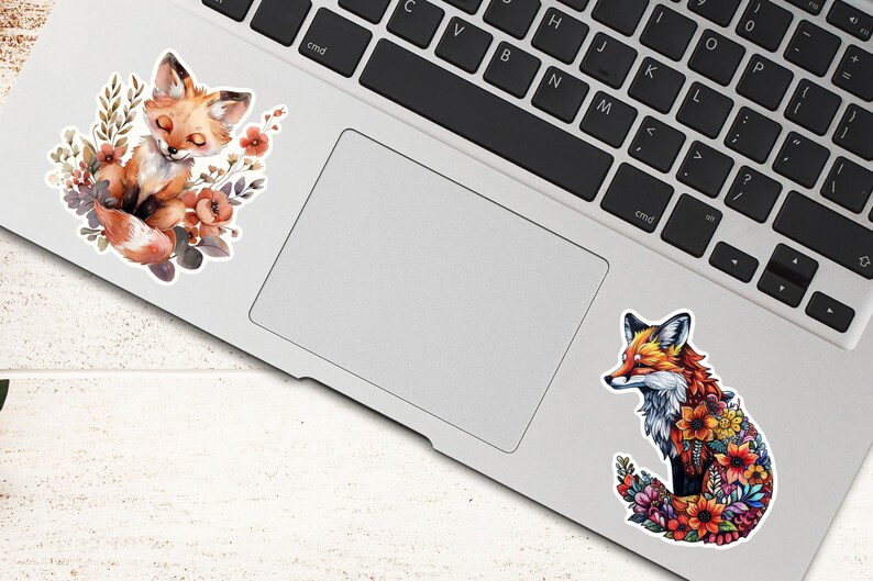 May include: Two stickers featuring fox illustrations. One shows a sleeping fox surrounded by flowers in shades of orange, brown, and purple. The other depicts a fox with a floral design in vibrant colors. Both are placed on a laptop.