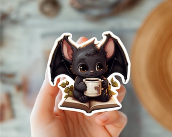 Cute Bat Drinking Coffee  Kawaii Sticker-Halloween Sticker-Animal Sticker-Trendy Sticker-Bookish Sticker-Kindle Sticker-Bat Decal