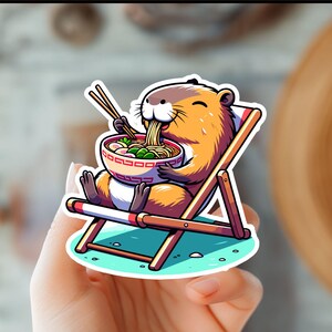 Sticker capibara eten ramen - kawaii schattige vinylsticker voor laptops, tijdschriften en waterflessen - dierenliefhebber cadeau - foodiekunst