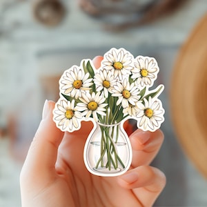 Sticker marguerite dans un vase en verre - Sticker fleurs printanières - Cadeau pour maman ou fête des Mères - Sticker pour amoureux du jardin et de la nature