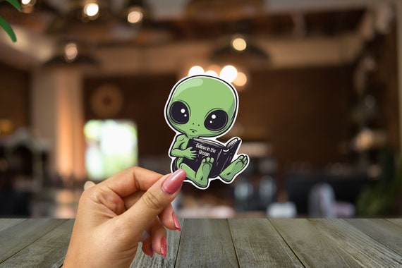 Adorable Green Alien Reading Sticker-Alien Decal-Bookish-Gift For Book Lover-Space Lover Stickers-Alien And Space Adventure-Weird Sticker