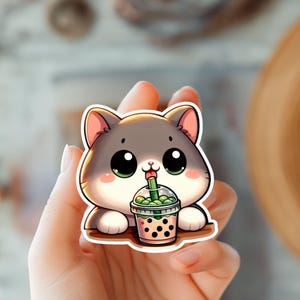 Sticker Boba buveur chat kawaii- Sticker thé Boba chat-Sticker maman chat-Amoureux des chats-Sticker animaux-Sticker Kindle-Sticker animal de compagnie-Sticker chat drôle