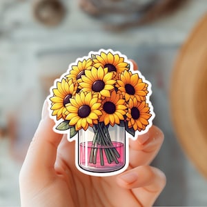 Sticker tournesol dans un vase en verre - Sticker fleurs printanières - Cadeau pour maman ou fête des Mères - Sticker - Sticker pour amoureux du jardin et de la nature - Art floral