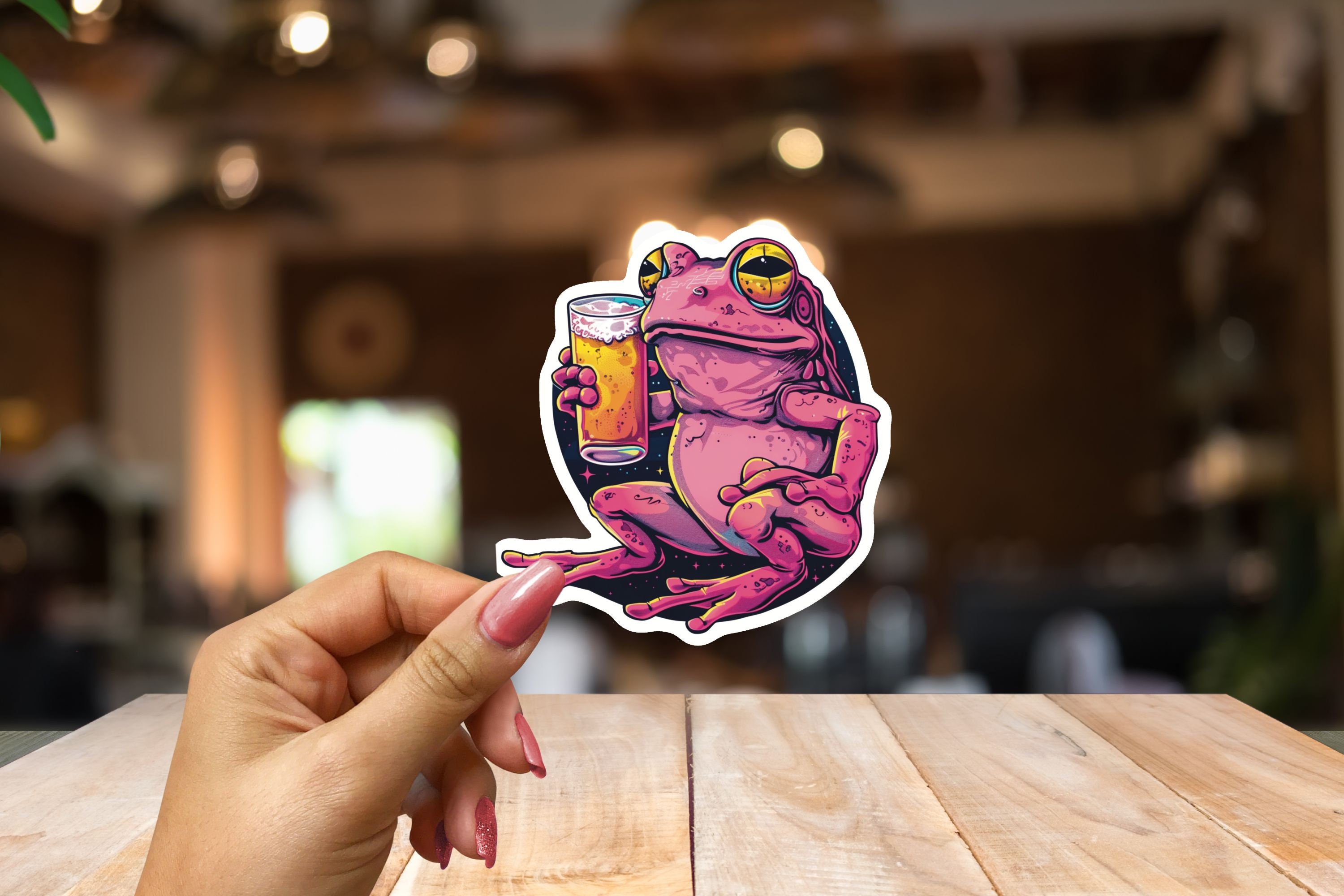 Adorable Pink Frog Drinking Beer Sticker-funny Frog Sticker-animal ...