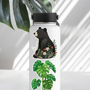 Puede incluir: Botella de agua blanca con tres pegatinas. La pegatina superior presenta un oso negro sentado en un dise&ntilde;o floral verde y blanco. La pegatina del medio presenta una planta de monstera verde. La pegatina inferior presenta una planta de monstera verde.